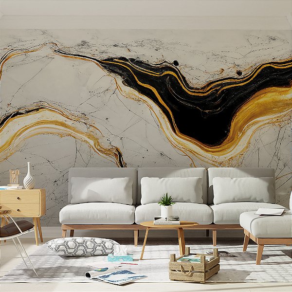 Papel de Parede Mármore Abstrato Branco Preto e Ouro
