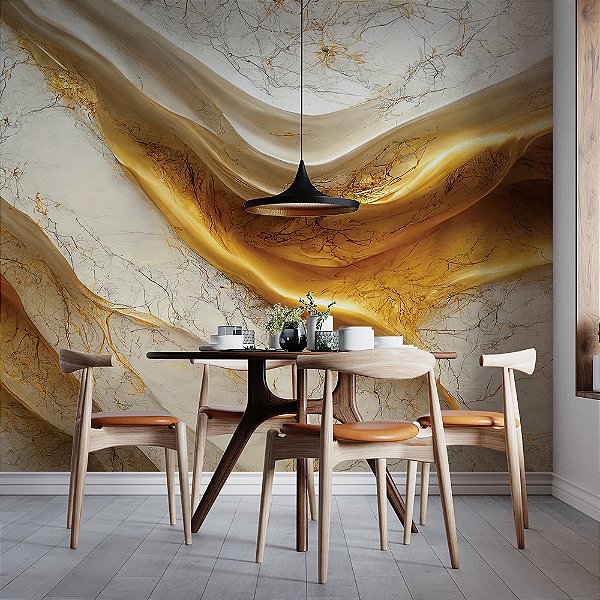 Papel de Parede Mármore Abstrato Ondas Creme e Ouro Luxo