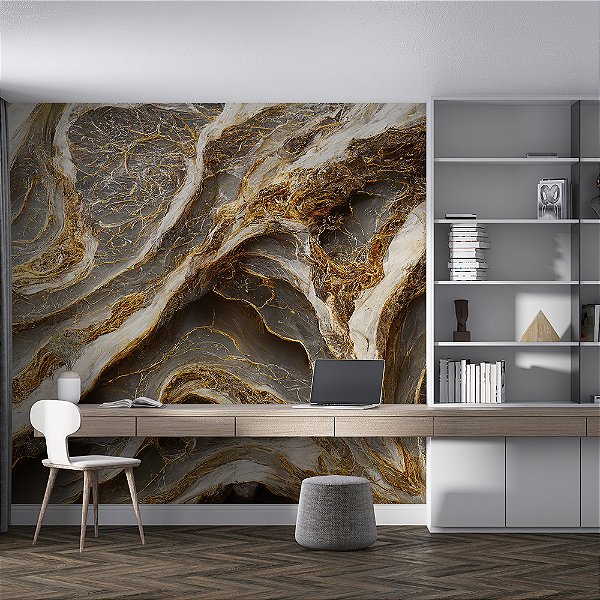 Papel de Parede Mármore Abstrato Ondas Marrom e Ouro Velho