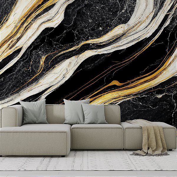 Papel de Parede Mármore Preto Veio Branco e Dourado Líquido