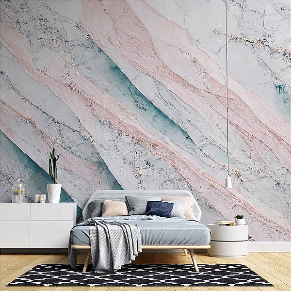 Papel de Parede Mármore Ônix Rosa e Azul Pastel