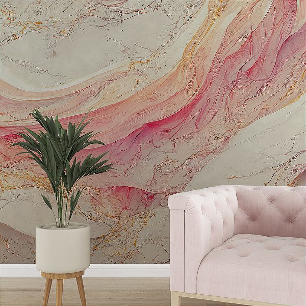 Papel de Parede Mármore Líquido Dourado e Rosa