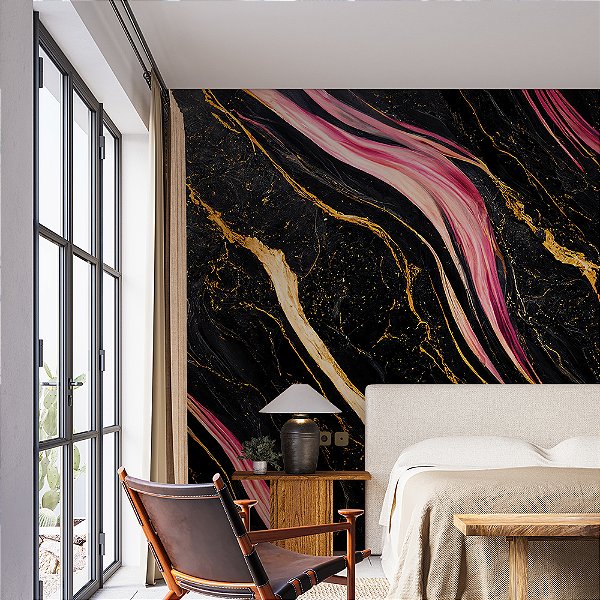 Papel de Parede Mármore Líquido Preto, Rosa e Dourado