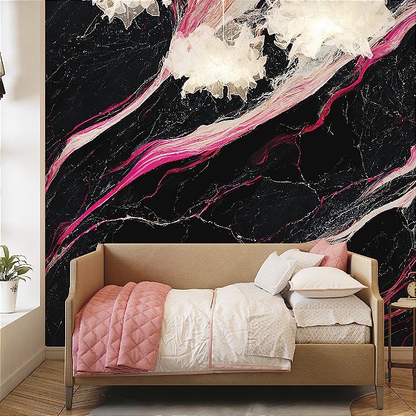 Papel de Parede Mármore Líquido Preto, Rosa e Branco