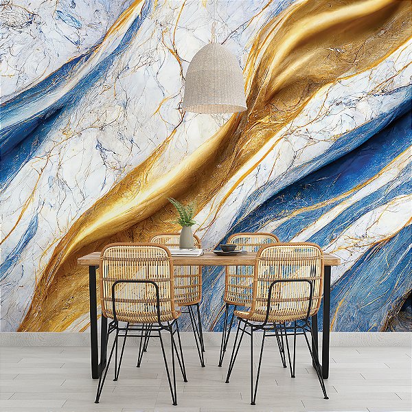 Papel de Parede Mármore Líquido Azul Celeste e Dourado