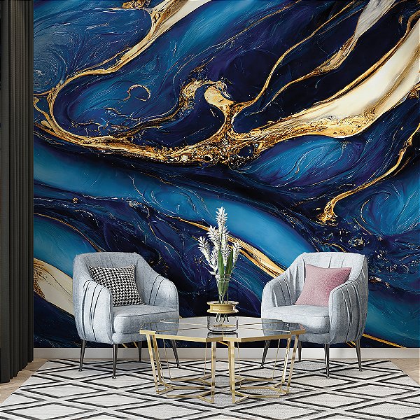 Papel de Parede Mármore Abstrato Líquido Azul Escuro e Dourado