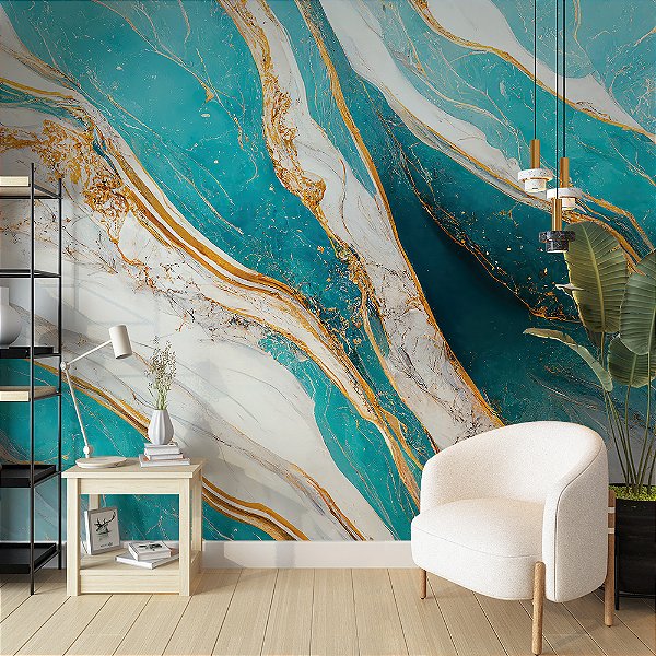 Papel de Parede Mármore Líquido Azul Turquesa, Branco e Dourado