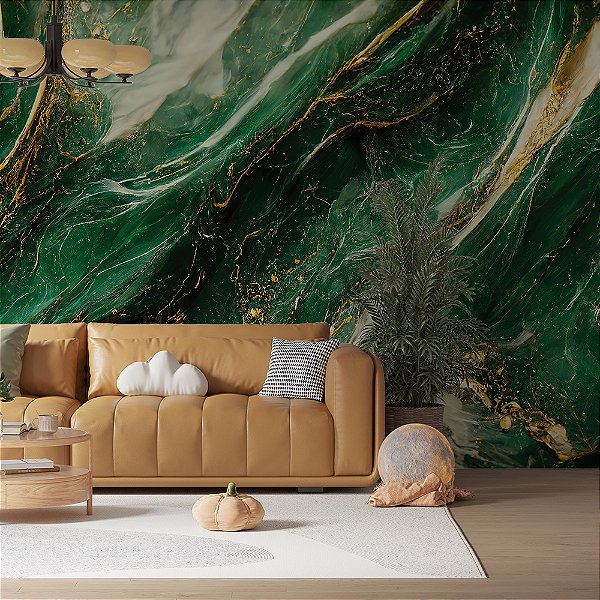 Papel de Parede Mármore Abstrato Verde com Dourado