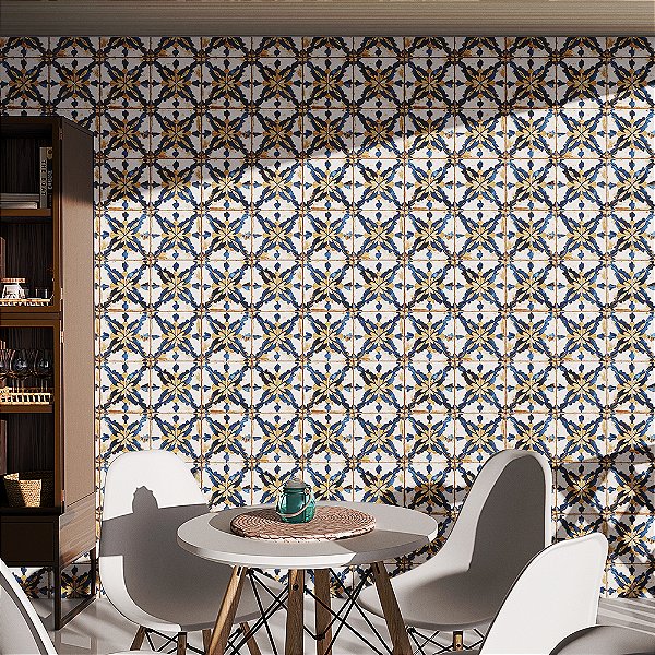 Papel de Parede Azulejo Português Clássico Azul e Dourado