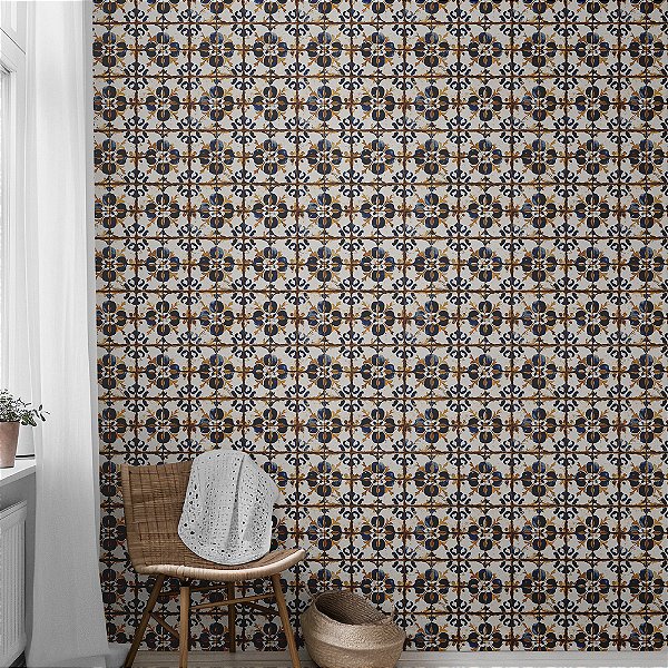 Papel de Parede Azulejo Português Clássico Azul e Ocre