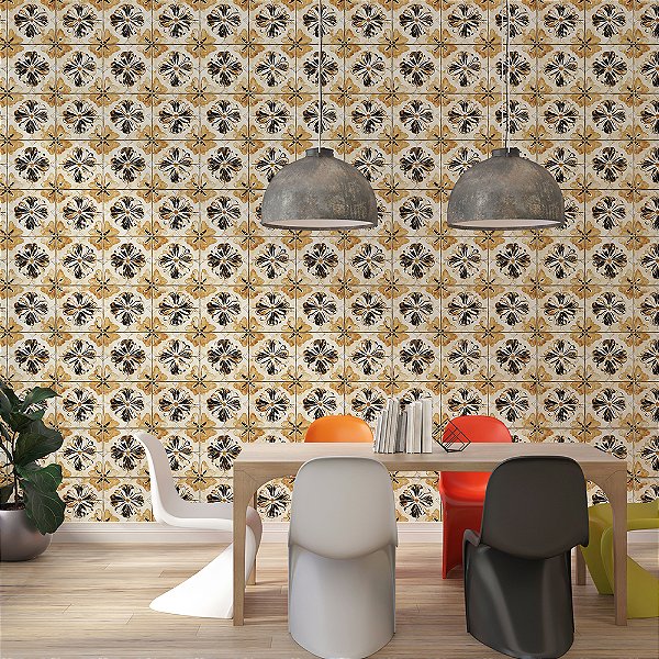 Papel de Parede Azulejo Ladrilho Floral Ocre e Preto
