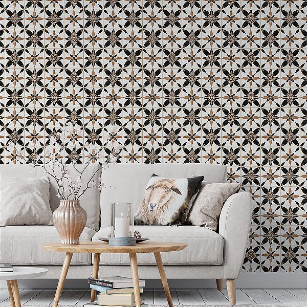 Papel de Parede Azulejo Português Estrela Preto e Ocre