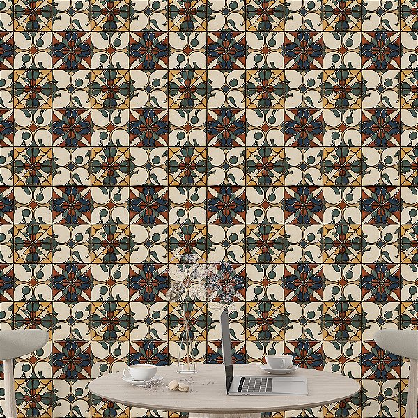 Papel de Parede Azulejo Geométrico Retrô Azul Marinho e Ocre