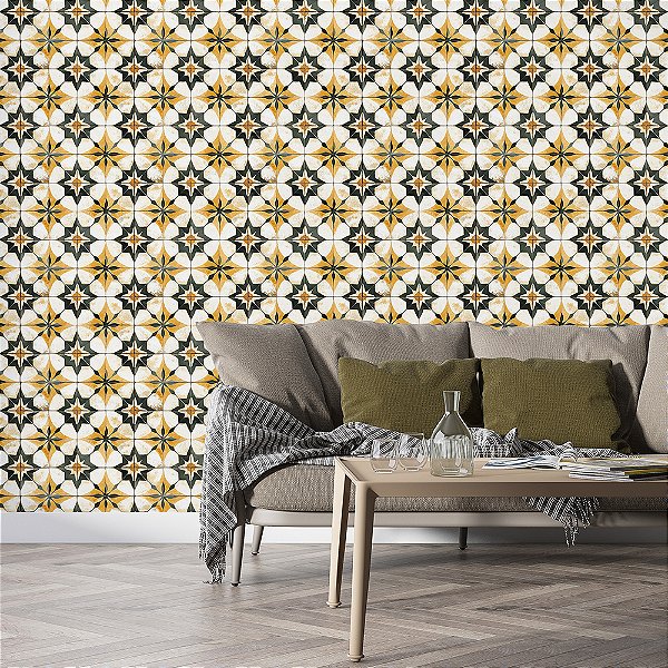 Papel de Parede Azulejo Estrela Amarelo Ouro e Preto Retrô