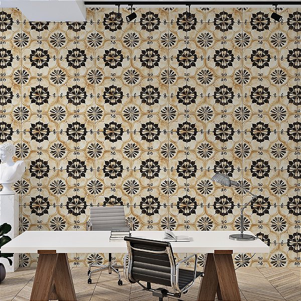 Papel de Parede Azulejo Português Preto e Ocre Retrô