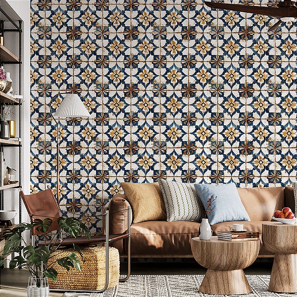 Papel de Parede Azulejo Colonial Floral Azul e Ocre