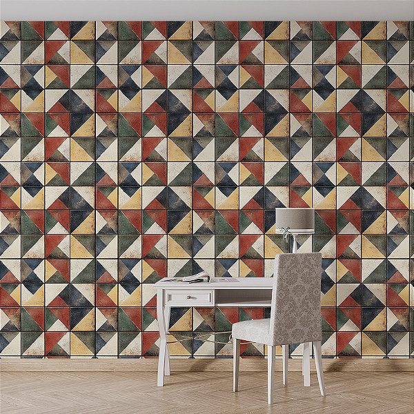 Papel de Parede Azulejo Geométrico Triângulos Multicolorido