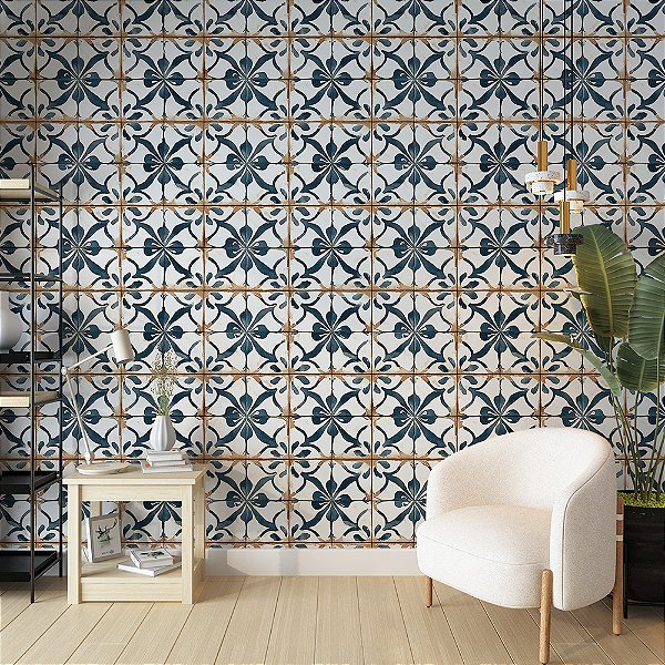 Papel de Parede Azulejo Português Floral Azul e Branco