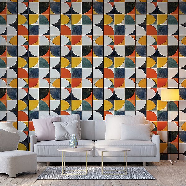 Papel de Parede Azulejo Geométrico Curvas Multicolorido