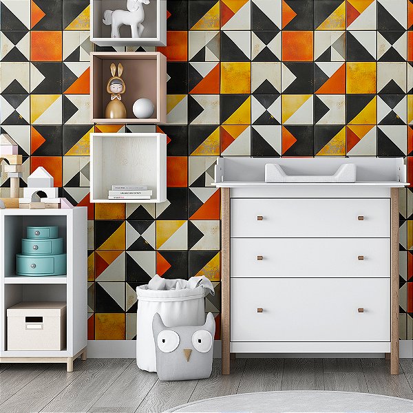 Papel de Parede Azulejo Geométrico Abstrato Laranja e Preto