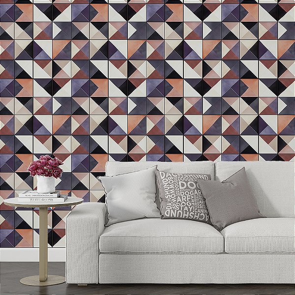 Papel de Parede Azulejo Geométrico Triângulos Roxo e Bege