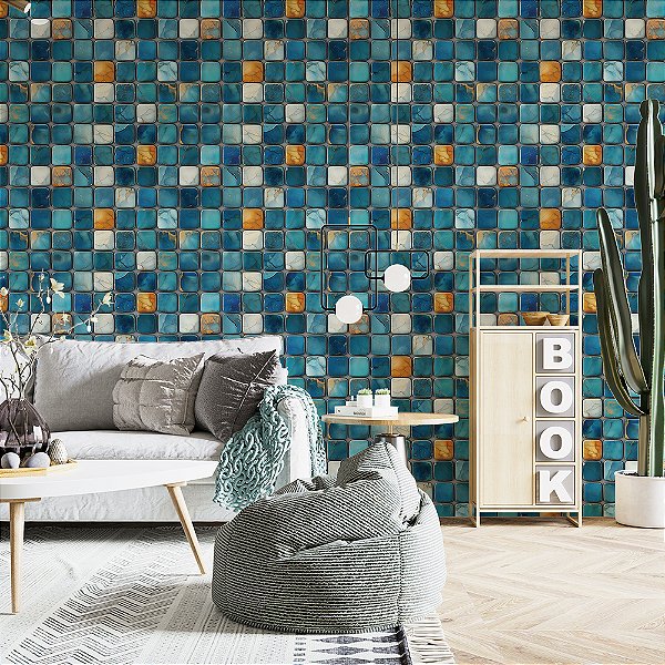 Papel de Parede Azulejo Pastilha Azul Turquesa e Ouro Velho