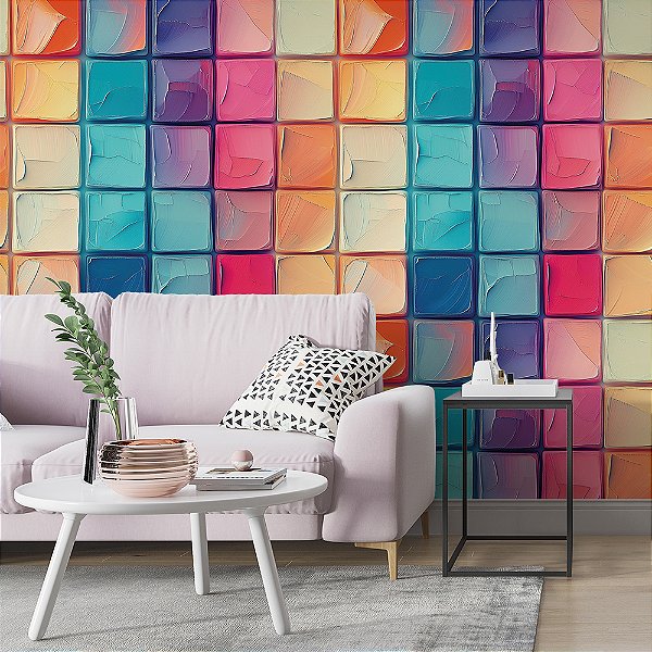 Papel de Parede Azulejo Mosaico Pastilha Multicolorida Tinta a Óleo