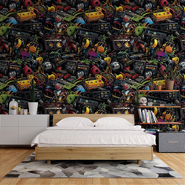 Papel de Parede 3D Colors Fitas Cassete e Som Colorido
