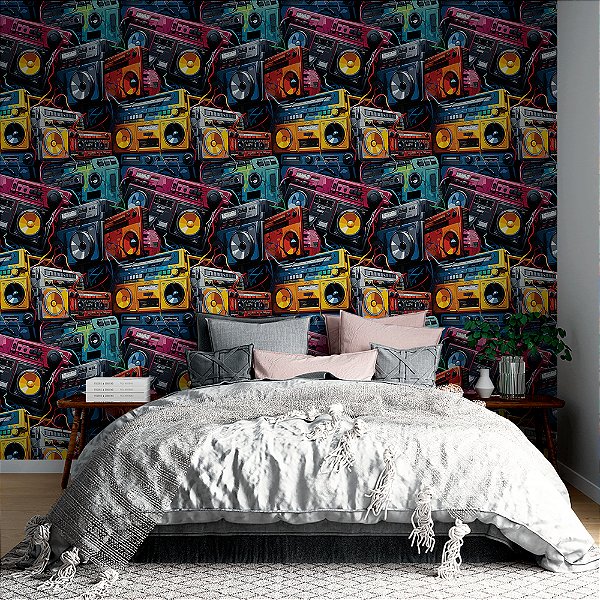 Papel de Parede 3D Colors Caixas de Som Coloridos Retrô
