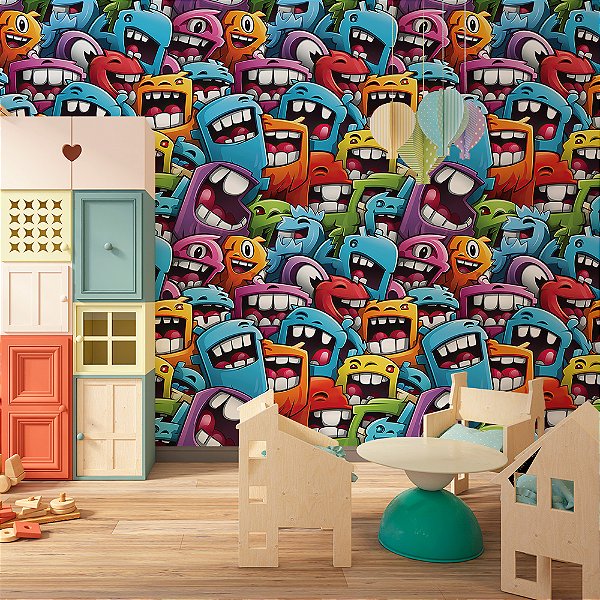 Papel de Parede 3D Colors Monstros Felizes Coloridos