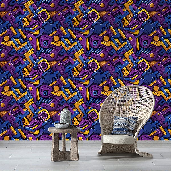 Papel de Parede 3D Colors Abstrato Blocos Urbanos Roxo e Azul