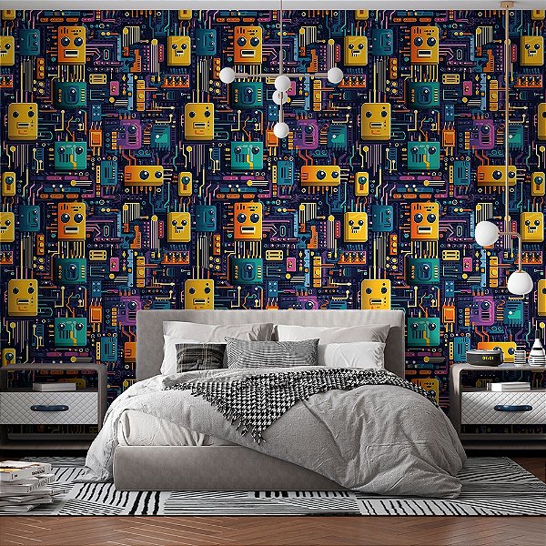 Papel de Parede 3D Colors Placa de Circuito Robôs Gamer