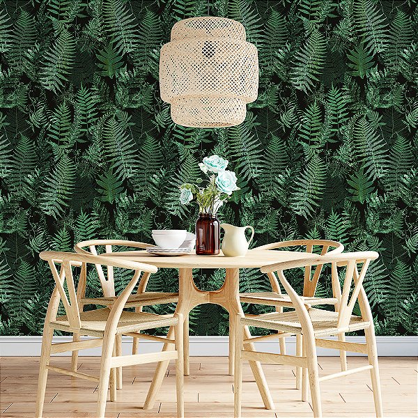 Papel de Parede Folhas de Samambaia Verde Escuro
