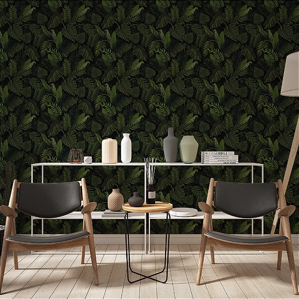 Papel de Parede Folhas Tropical Escura