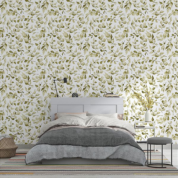 Papel de Parede Folhas em Aquarela Verde Oliva Fundo Claro