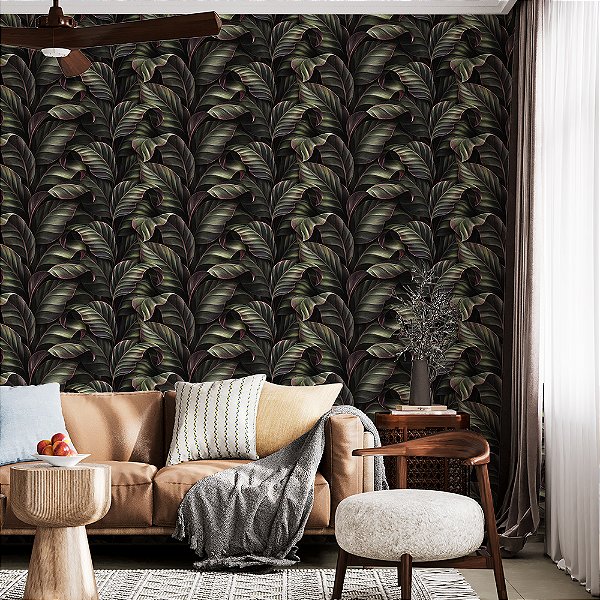 Papel de Parede Folhas Grandes Escuras Verde Militar