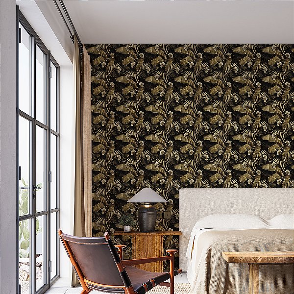 Papel de Parede Folhas de Palmeira Dourada e Flores