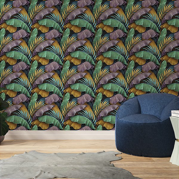 Papel de Parede Folhas Modernas Tons Rosa, Azul e Verde