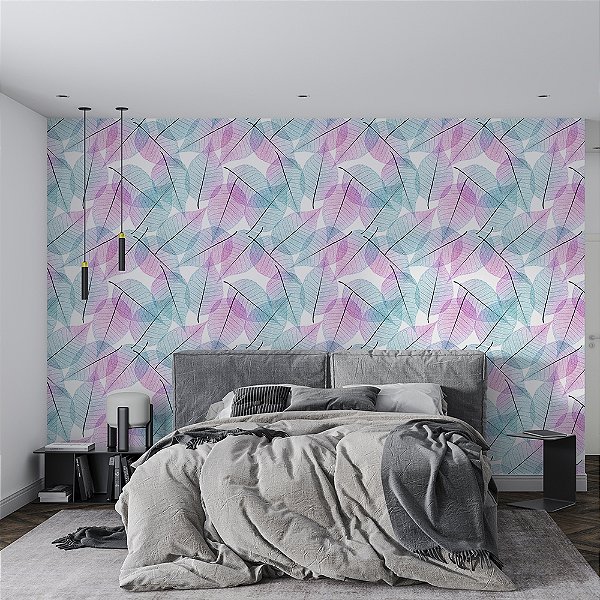 Papel de Parede Folhas Rosa e Azul Delicadas Efeito Vidro