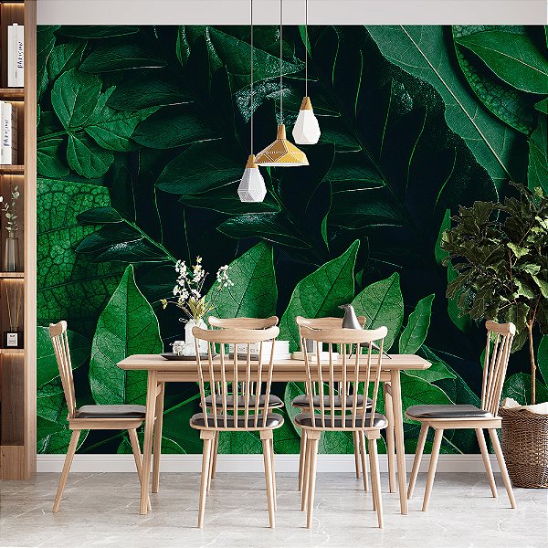Papel de Parede Folhas Verde Escuro Brilhante