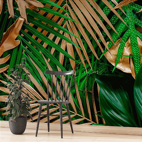 Papel de Parede Folhas de Palmeira Verde e Dourado Metálico