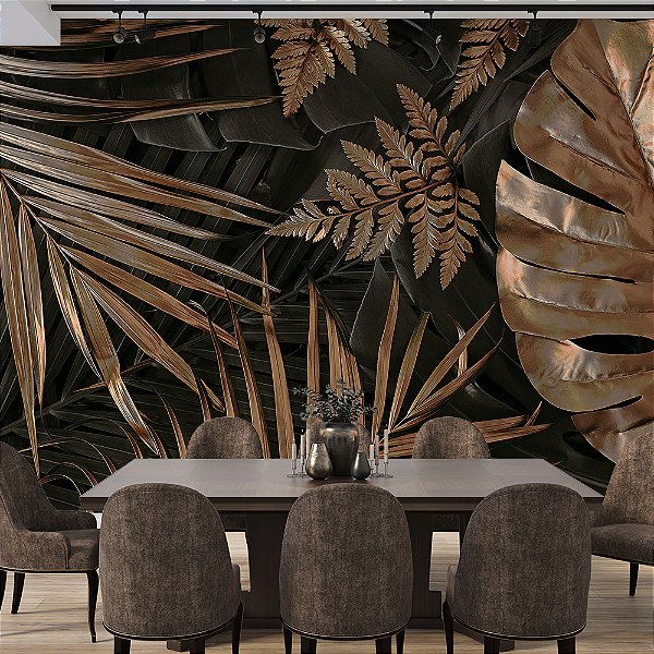 Papel de Parede Folhas Tropical Ouro Velho Escuro