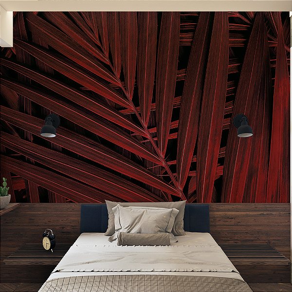 Papel de Parede Folhas de Palmeira Vermelho Queimado e Preto