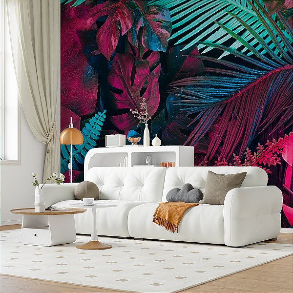 Papel de Parede Folhas Tropical Roxo Ametista e Verde Luxo