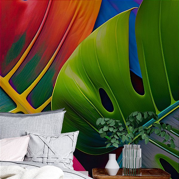 Papel de Parede Folhas Monstera Tons Vibrantes