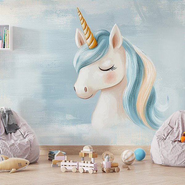 Papel de Parede Infantil Unicórnio com Crina Azul e Amarelo