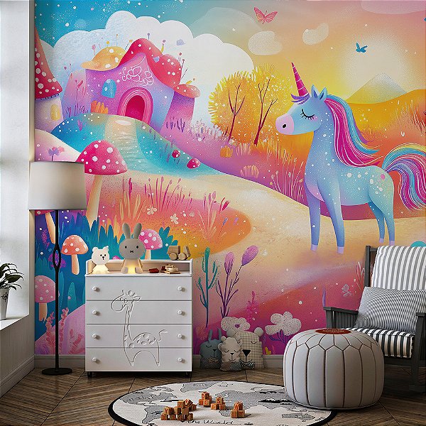 Papel de Parede Infantil Unicórnio Colorido