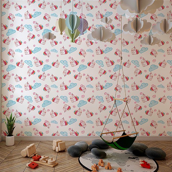 Papel de Parede Unicórnios Colorido e Nuvens