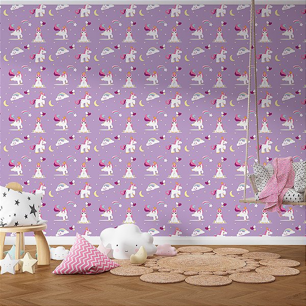 Papel de Parede Unicórnios e Estrelas no Fundo Lilás