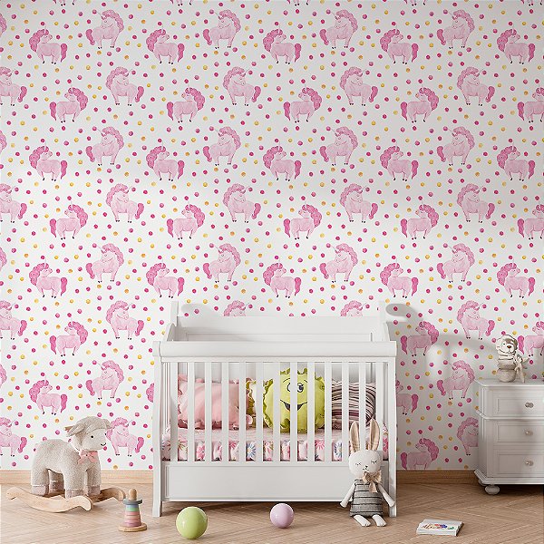Papel de Parede Unicórnios Rosa com Fundo de Bolinhas Rosa e Amarelo